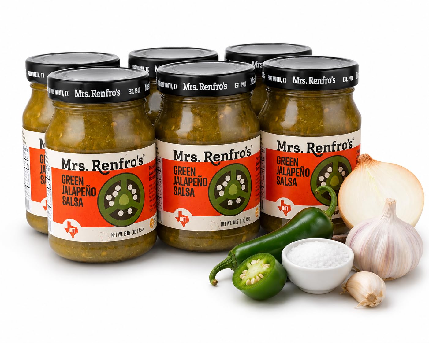 Mrs. Renfro's Green Salsa, 16 oz Jars (Pack of 6) – Gluten Free Tomatillo & Jalapeño Salsa with Fresh Green Chiles – Medium Heat Salsa for Tortilla Chips, Tacos, Nachos, Enchiladas, Burritos & Tex-Mex Recipes