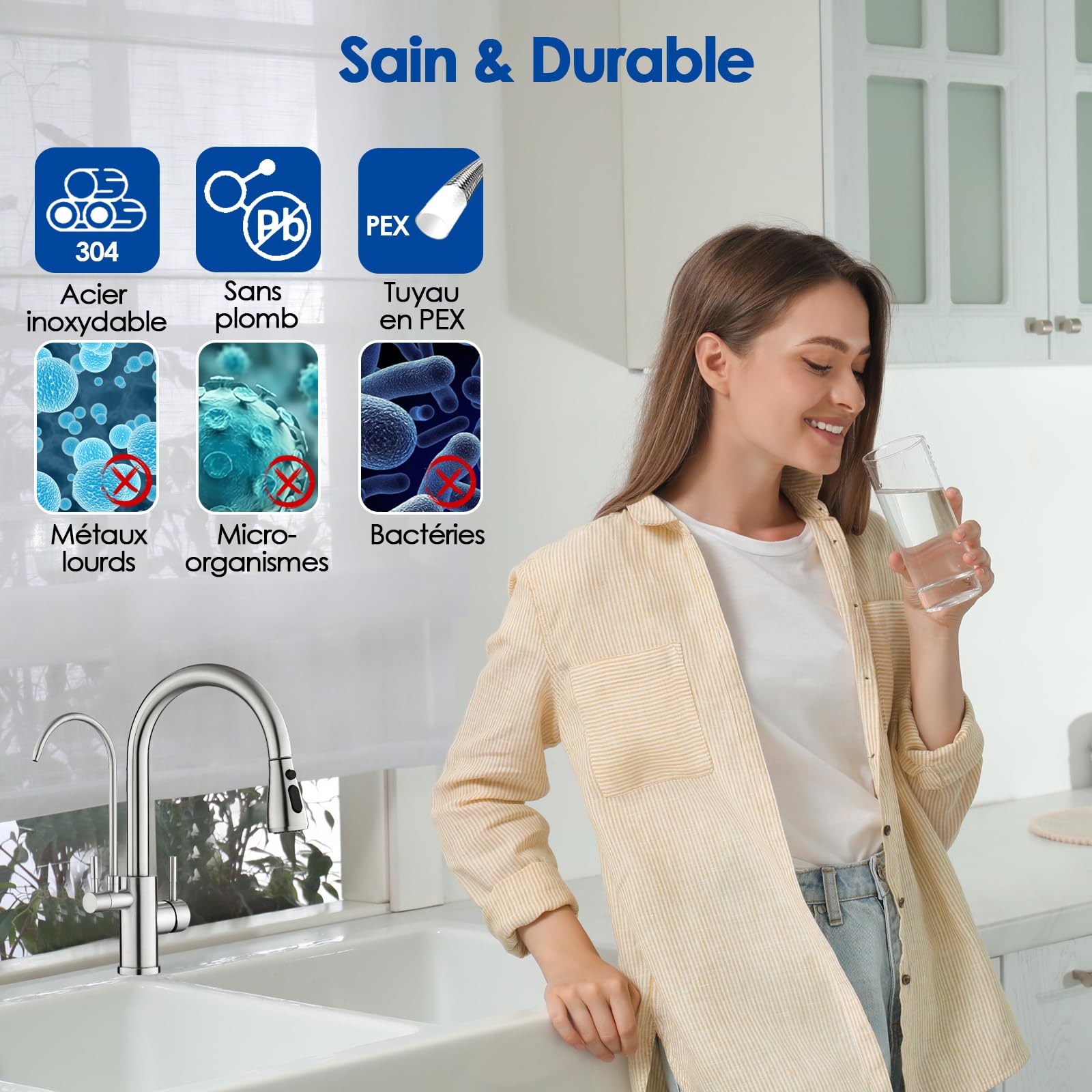 ROVOGO Mitigeur Robinet d'Evier de Cuisine 3 Voies à Eau Filtrée en Acier Inoxydable 304 Brossé, Douchette Extractible à 3 Modes, 2 Manches pour Eau Chaude/Froide/Potable, Bec en C 360° Rotatif