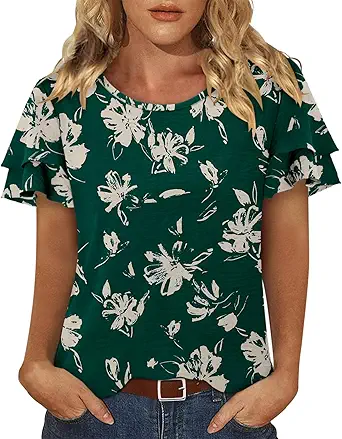 CRAZY GRID Women's Shirts Summer Casual Crewneck Ruffle Short Sleeve Blouses Cute Floral Print Tunic Tops