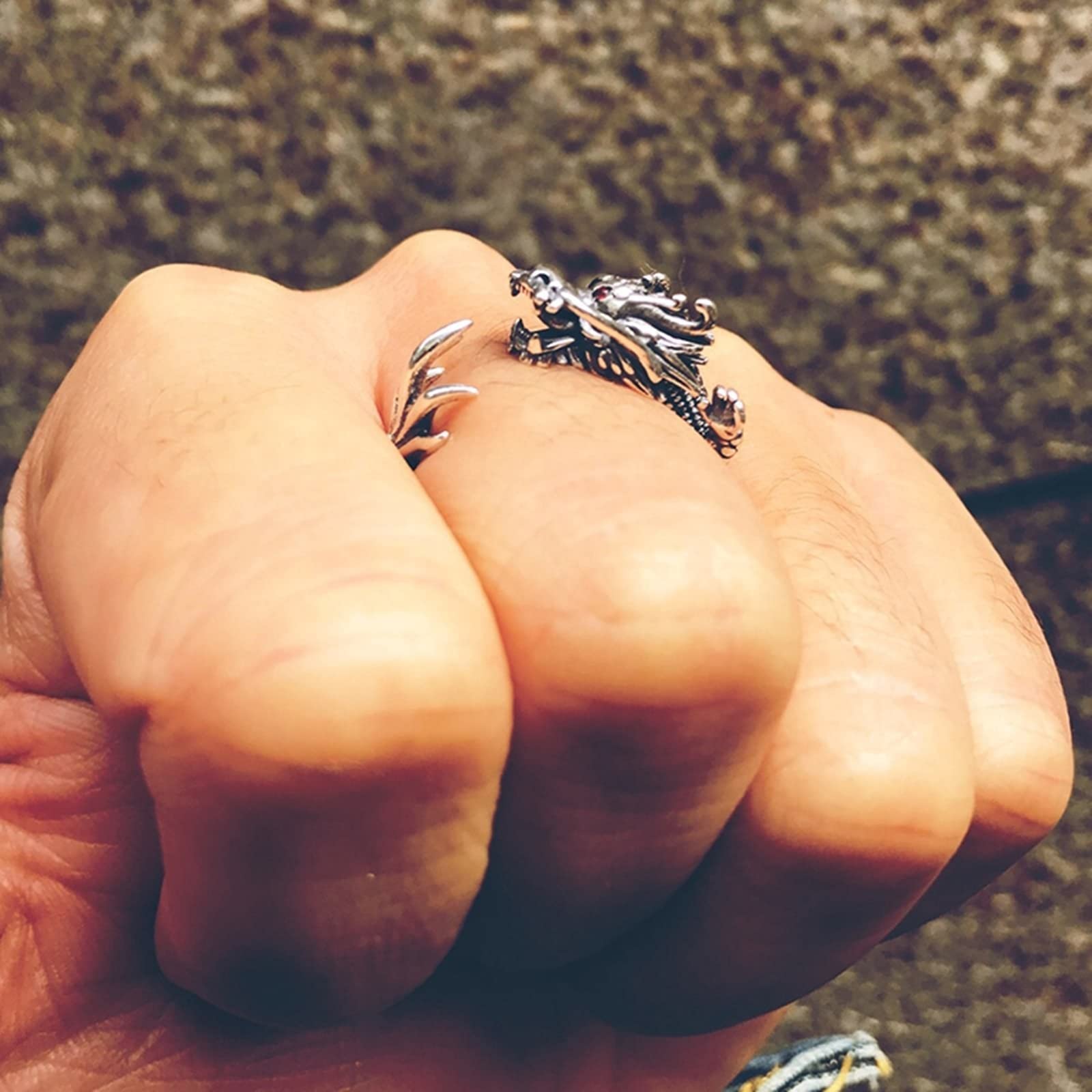 Anillos de acero inoxidable ajustables, anillo de compromiso de plata para él, dragón chino con ojos rojos, tamaño O 1/2-T 1/2, O 1/2-T 1/2, Sin piedras preciosas