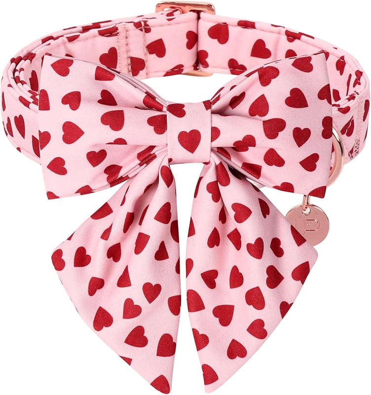 Coleira para Cães com Gravata-Borboleta, Tecido de Algodão Macio e Ajustável UP URARA PUP HeartInPink CSB, 82–148 g