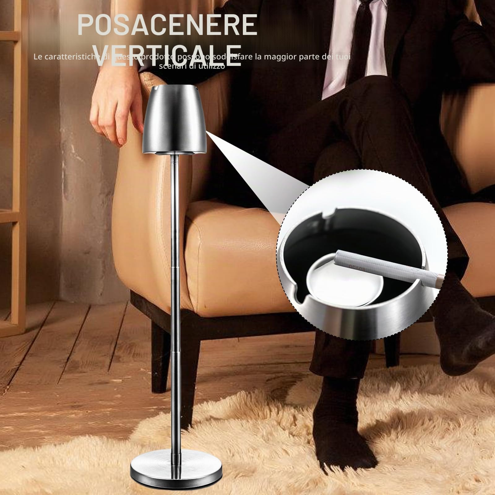 Posacenere da terra regolabile in acciaio inox: per esterni, allungabile in altezza 34-68 cm, posacenere da terra regolabile con coperchio e fondo antiscivolo, argento