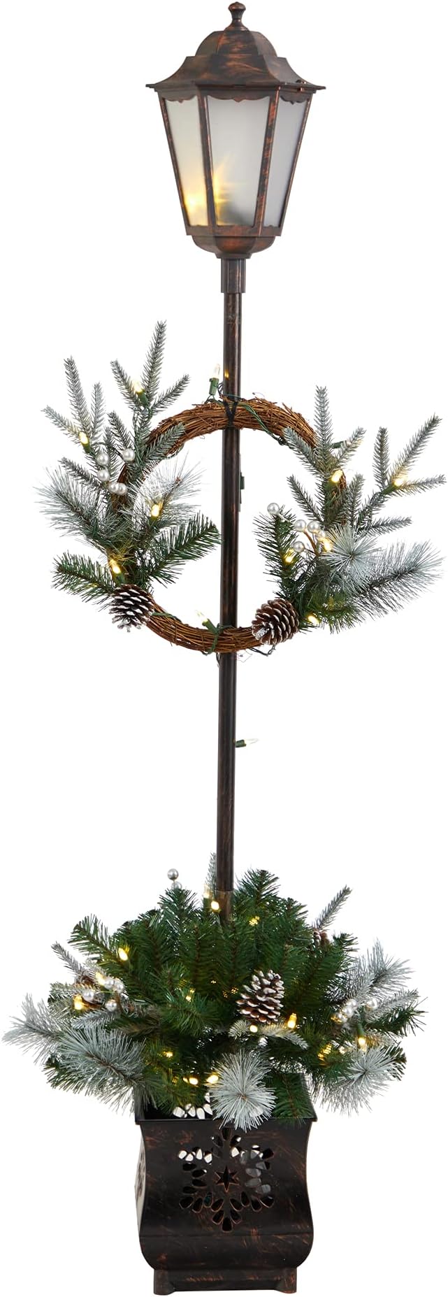 Nearly Natural Nearly Natural 5ft. Holiday Pre-lit Decorated Lamp Post with Artificial Christmas Greenery, Decorative Container and 50 LED Lights Indoor Outdoor Patio Porch Decor