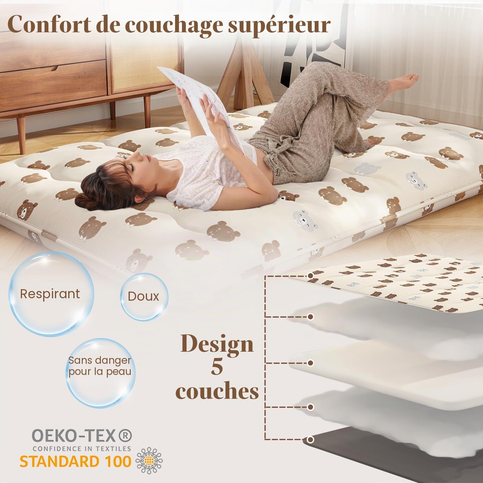FANTASK Matelas futon Japonais, 140 x 200 cm, en Tatami, de Sol, Pliable, avec Housse Lavable, Ours Marron