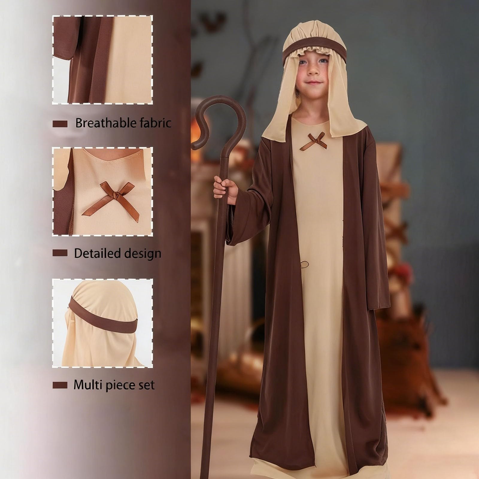 Generisch Kostium dziecięcy pasterza, do szopki, figura biblijna, pasterz, kostium karnawałowy, Boże Narodzenie, kostium dla chłopców i dziewczynek, średniowieczny kostium 3 szt