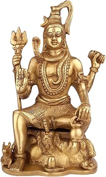 Kartique Brass Lord Shiva Neelkanth Idol Wearing Rudraksha Mala Sitting on Tiger with Trishul and Damru Shiv Murti Statue for House Warming Mahashivaratri Gift Antique Gold Color Height 8.5 Inch
