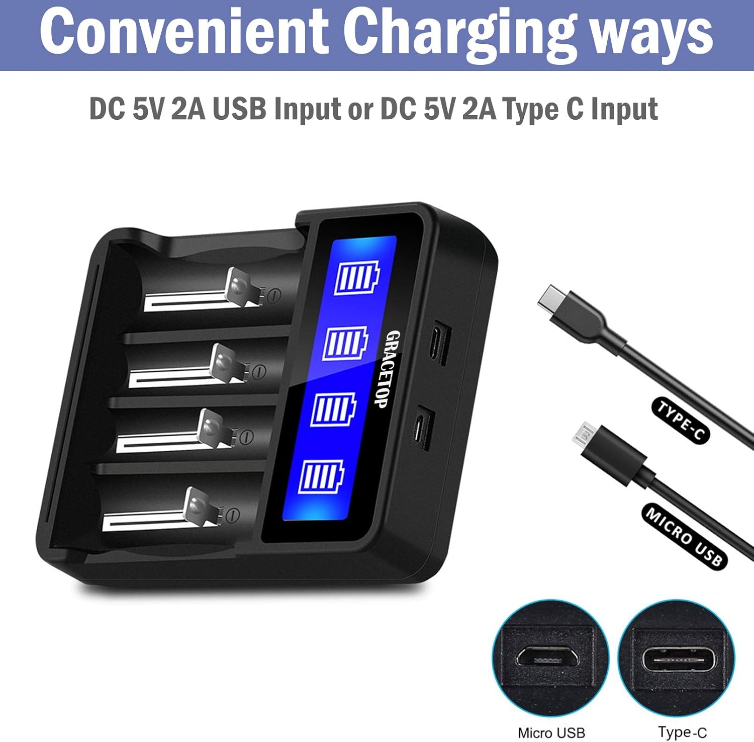 18650 Battery Charger 4 Bay LCD Display for 3.7V/1.2V Rechargeable Battery for Li-ion 18650 14500 Batteries, Ni-MH/Ni-Cd A AA AAA Batteries (Not Battery)