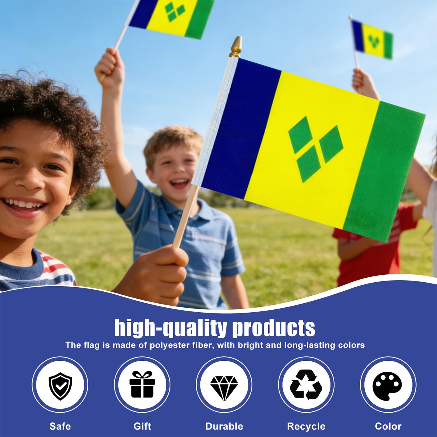12 Pack Saint Vincent and The Grenadines Miniature Small Wooden Stick Flags Saint Vincent Mini Handheld Flag Patio Lawn & Garden Outdoor Decorations,8x5 Inch image 5