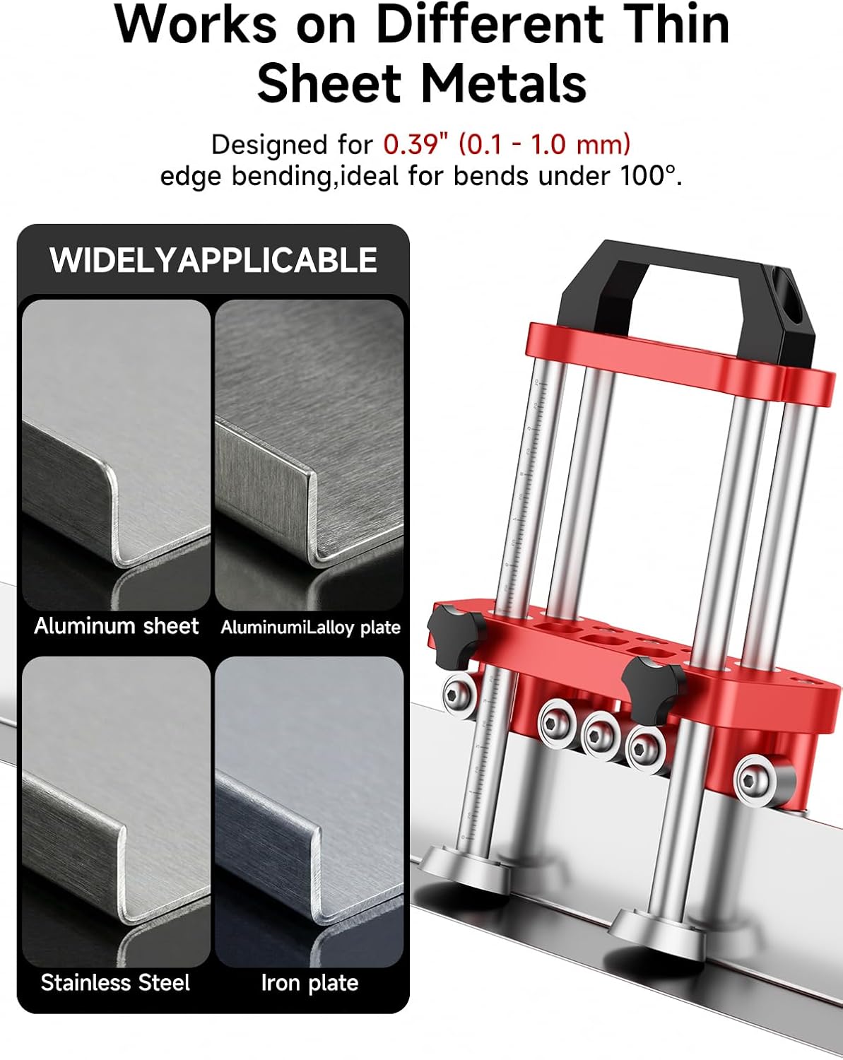 Sheet Metal Edge Bender, Dual-Station Roller Bending Tool for Thin Panels, Precision Edge Roller Roofing and Trim, Angled Rollers for Straight Bends up to 100°, Adjustable Height Accurate Scale, Red