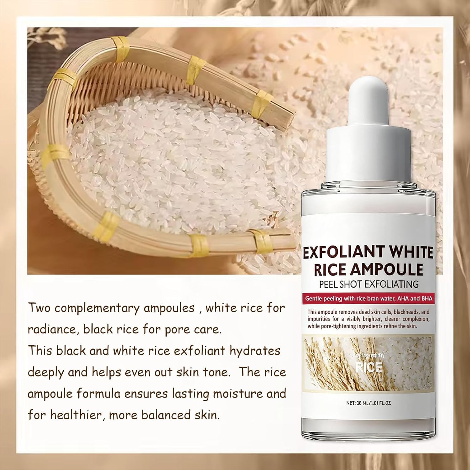 2PCS Rice Exfoliating Ampoule Set,White & Black Rice Facial Exfoliating Serum,Peel Shot Glow Rice Ampoule Duo,Gentle Peel & Deep Hydration,Facial Exfoliator,Pore Refining, Dead Skin Cells Remover - Image 5