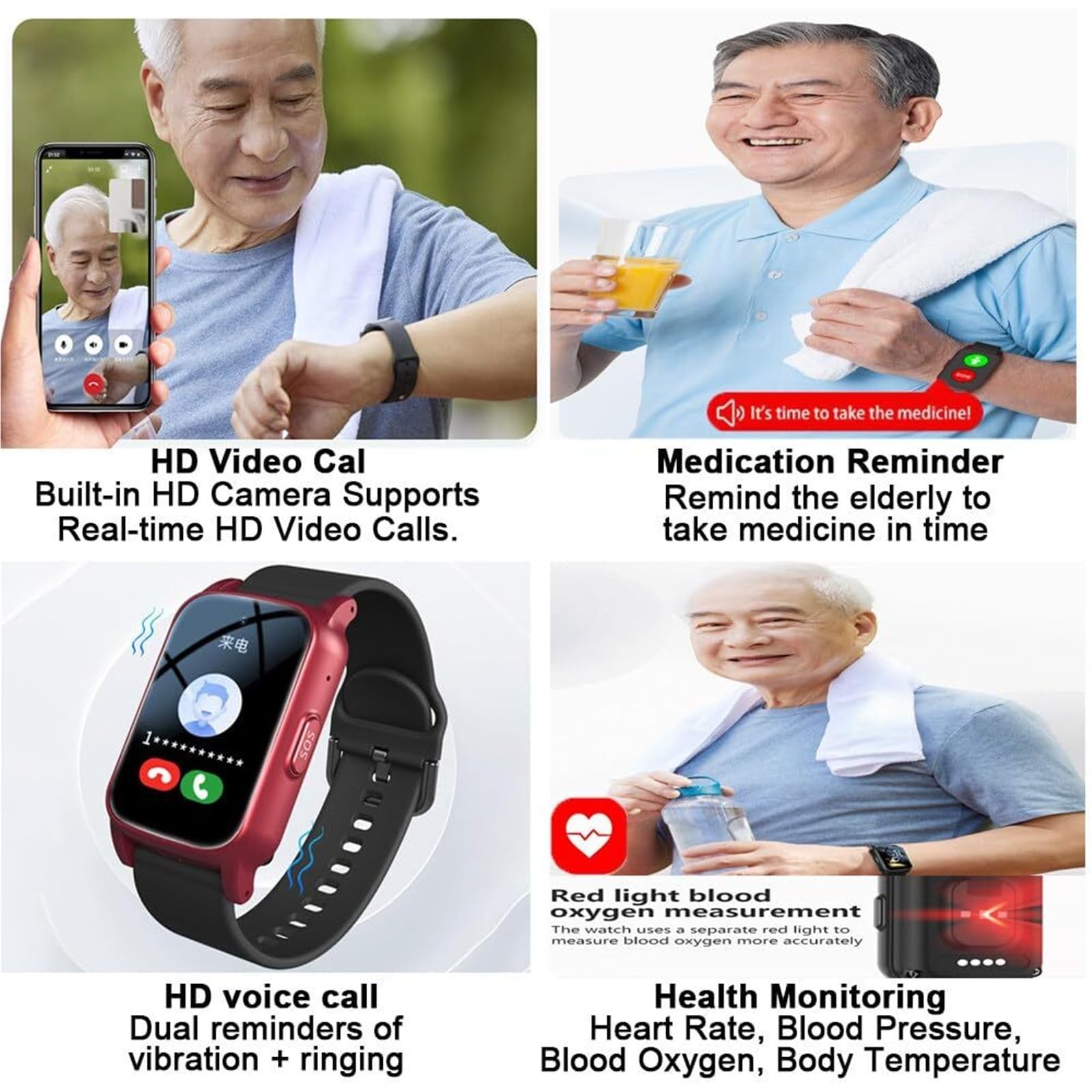 Mothdust Orologio Emergenza Per Anziani Con Sensore Cadute Tracker GPS Videochiamata HD Monitoraggio Salute Cinturino Silicone IP67 Impermeabile Smartwatch Per Alzheimer Tracking Sicuro(Red)