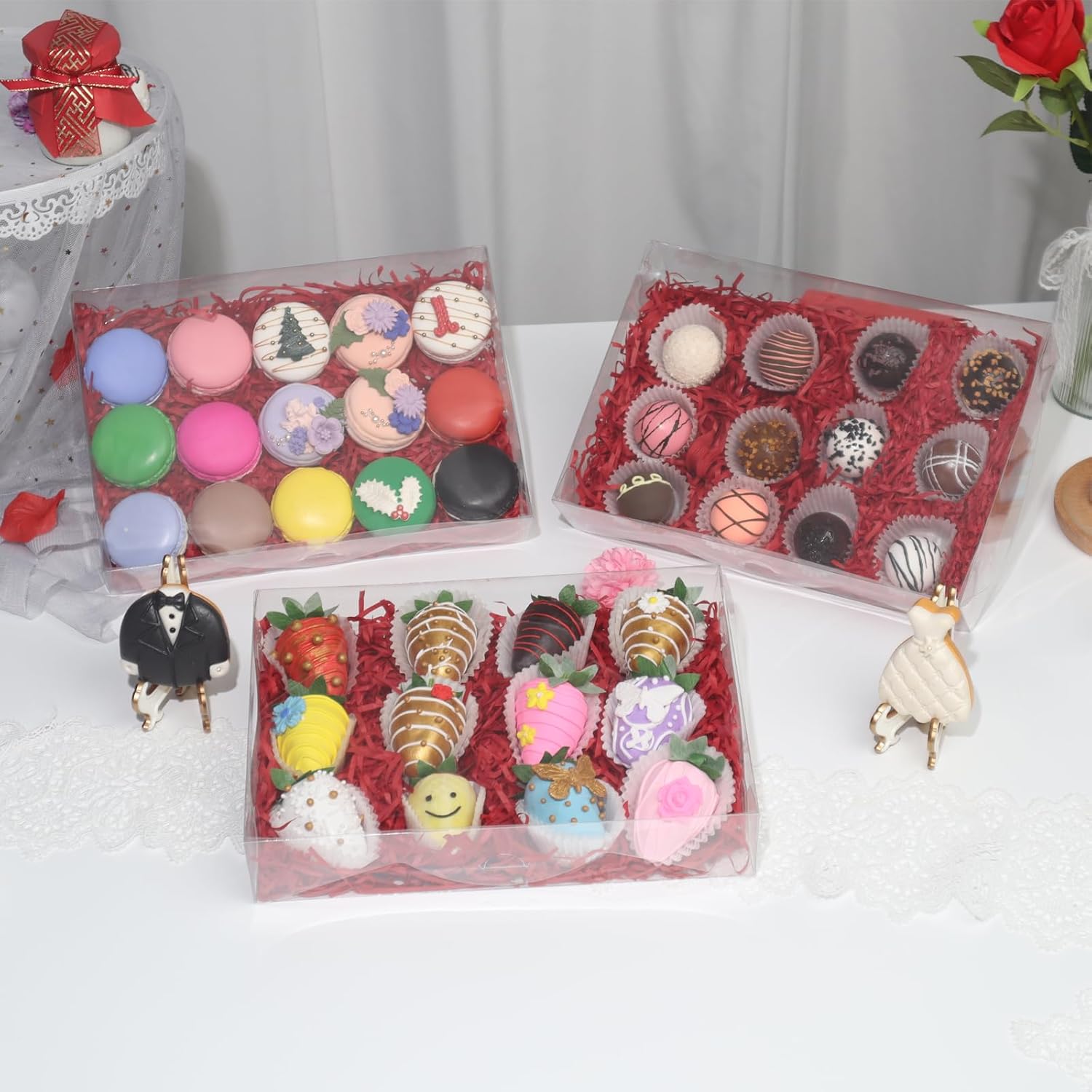 RomanticBaking 50PCS 10x7x2 inches Clear Cookie Boxes Strawberry Boxes Bakery Boxes Macaron Boxes Gift Boxes Treat Boxes for Party Favors