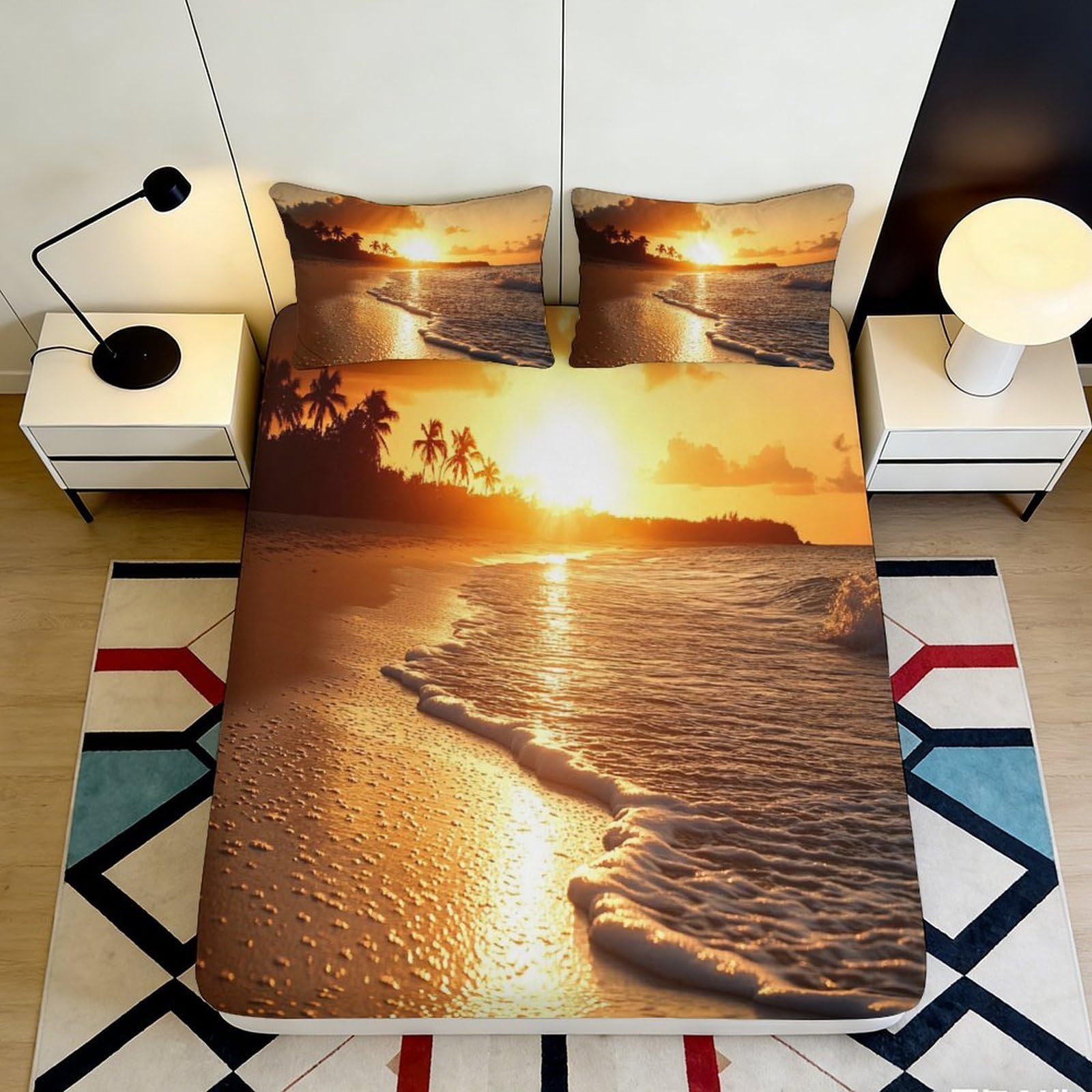 Jqzkxnhpbr Style-6 3D Printed Sunset Beach Fitted Sheet Microfiber Soft Orange Ocean Mattress Cover For Bedroom Guest Room Decor 90X200x25cm