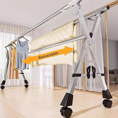 Miniatura 3 de Estante de secado de ropa de 63 pulgadas, plegable, de acero inoxidable con ruedas, estante de secado de lavandería que ahorra espacio para balcón,