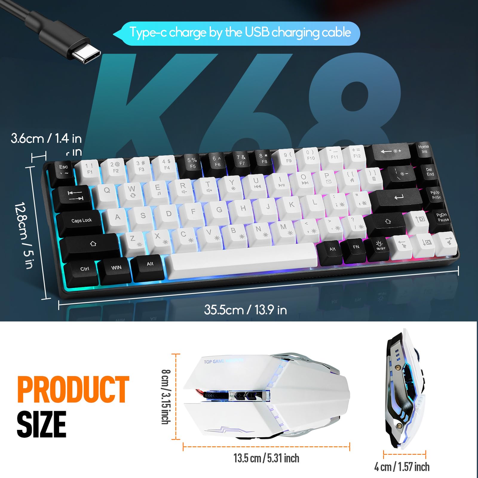 Guiheng Tastiera e mouse da gioco con cavo al 60%, ultra-compatta a 61 tasti, retroilluminata RGB, ottica leggera a 3200 DPI, set da gioco cablato per Windows, PC, Mac, PS5, Xbox Gamer, (bianco-nero)