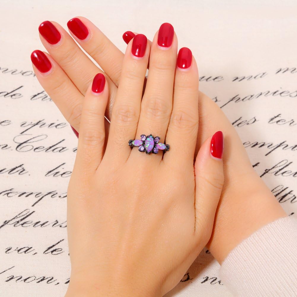 CiNily Black Gold Plated Purple Opal & Amethyst Ring for Women Ladies Big Gemstone Promise Ring Jewelry Gift - Image 3