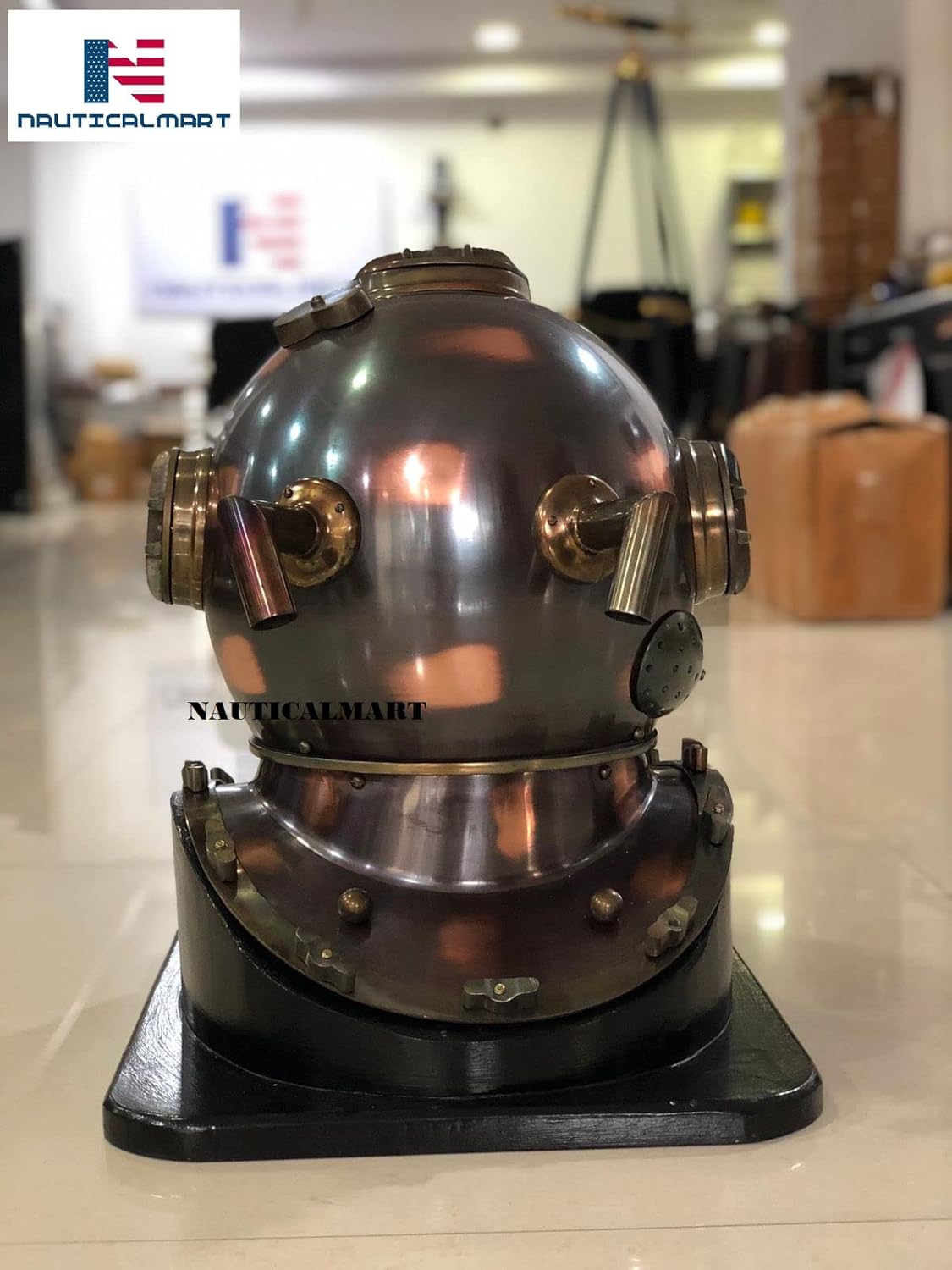 Antique Brass Deep Sea US Navy Mark V Diving Marine Scuba Divers Helmet 18" Base