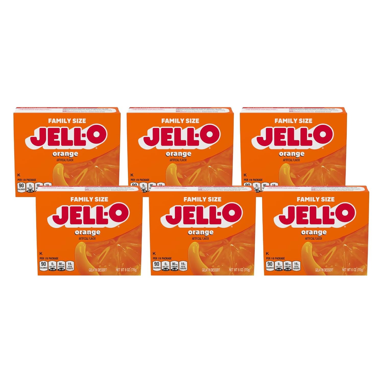 Jell-O Gelatin Dessert Mix, Family Size, Orange Flavored, Easy Fruit Dessert for Parties & Recipes, 6 oz (Pack of 6)