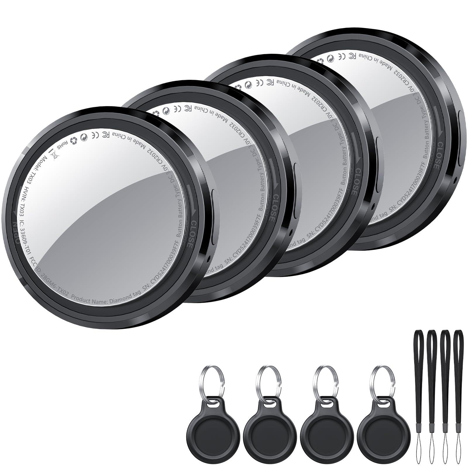 QCOQ Air Tracker Tag 4 pezzi Nero Compatibile con Apple Dov'è (solo iOS) | Bluetooth Trova Oggetti, Smart Tracker Localizzatore e Bagagli/Valigie/Portafogli, Chiavi Tag Tracking, Batteria Sostituibile