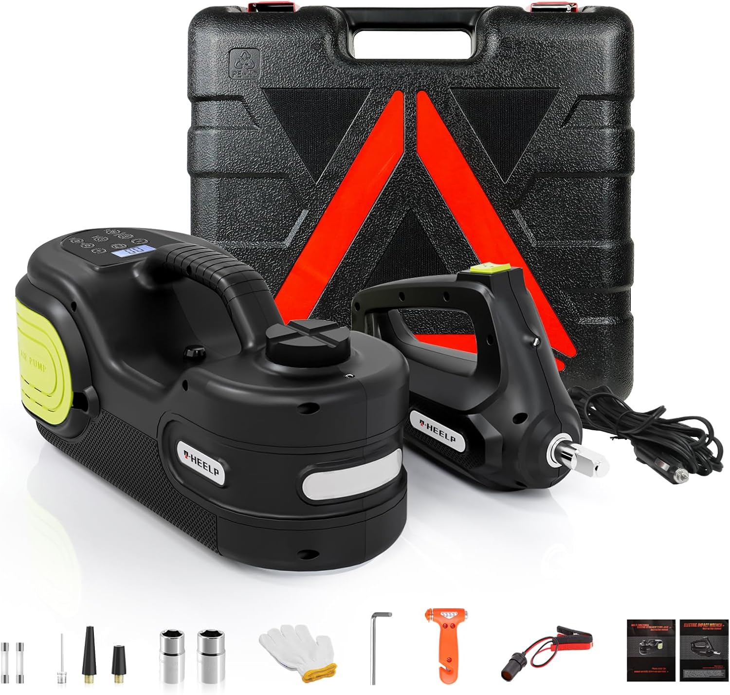 E-HEELP Hydraulic Electric Car Jack Kit 5 Ton 12V Portable Car Lift with Double Cylinder Air Pump, LCD Touch Screen, and Impact Wrench for Tire Changes and Garage Repairs 5T 4-in-1 EV Jack