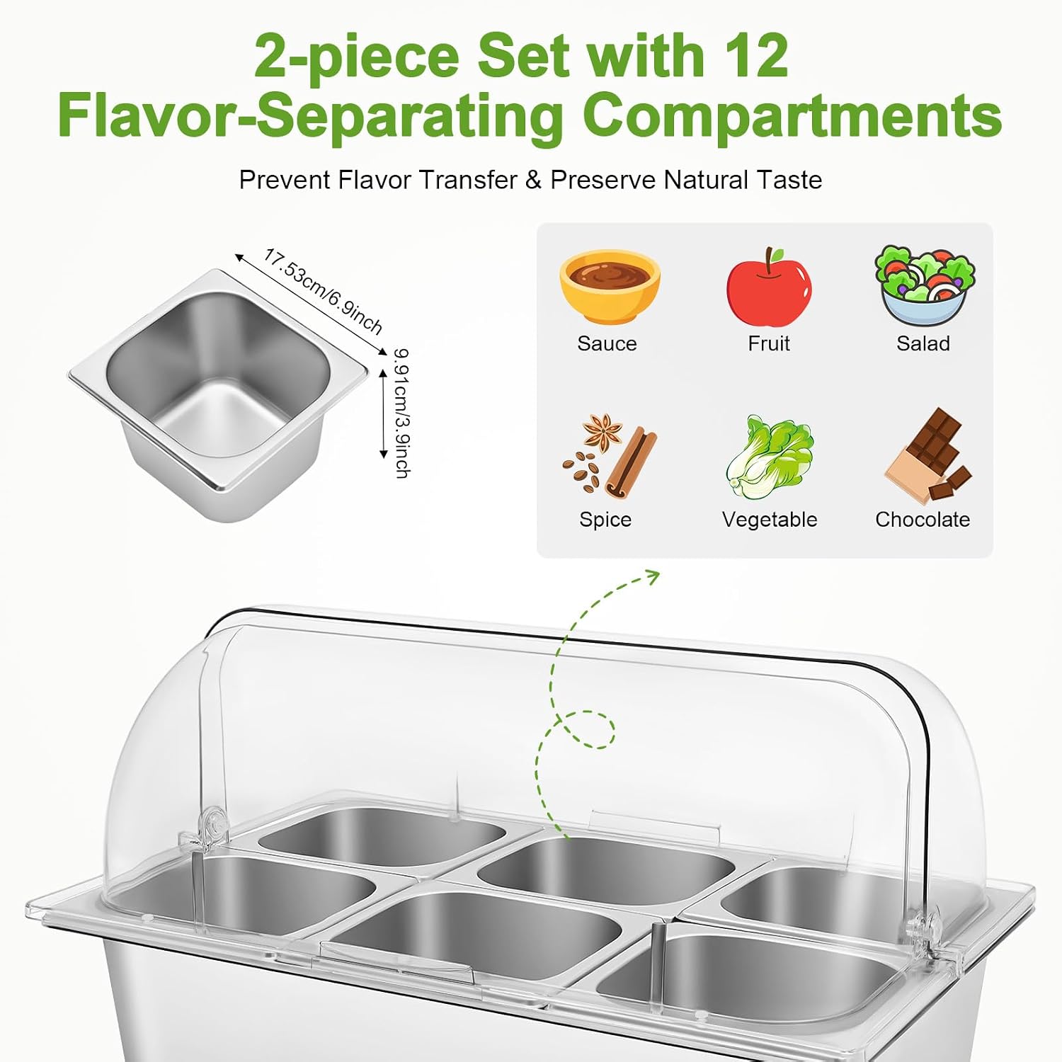 2 Pack Food Serving Container with Lid, 6 Compartments Countertop Chiled Ice Food Serving Display Container, Stainless Steel Condiment Dispenser, with Clamps Spoons, for Restaurant Kitchen