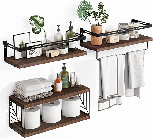 Miniatura 9 de Fixwal Estantes de baño 3+1 sobre el inodoro, estantes flotantes montados en la pared con marco de metal y toallero para baño, cocina, dormitorio,