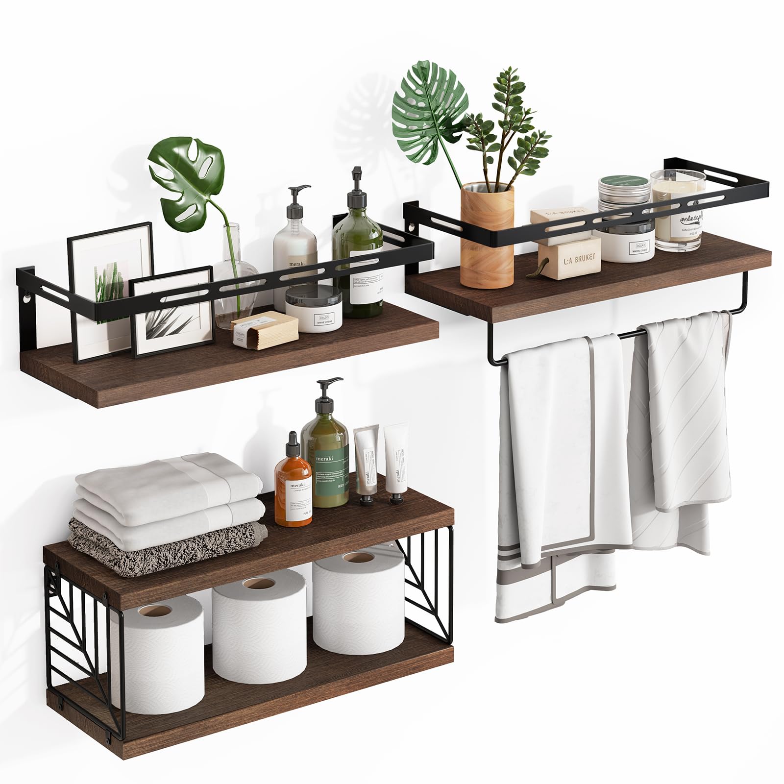 Fixwal 3+1 Tier Wall Mounted Bathroom Shelves Over Toilet, Rustic Wood Floating Shelves with Metal Frame and Towel Bar for Bathroom, Kitchen, Bedroom, Living Room (Dark Brown)