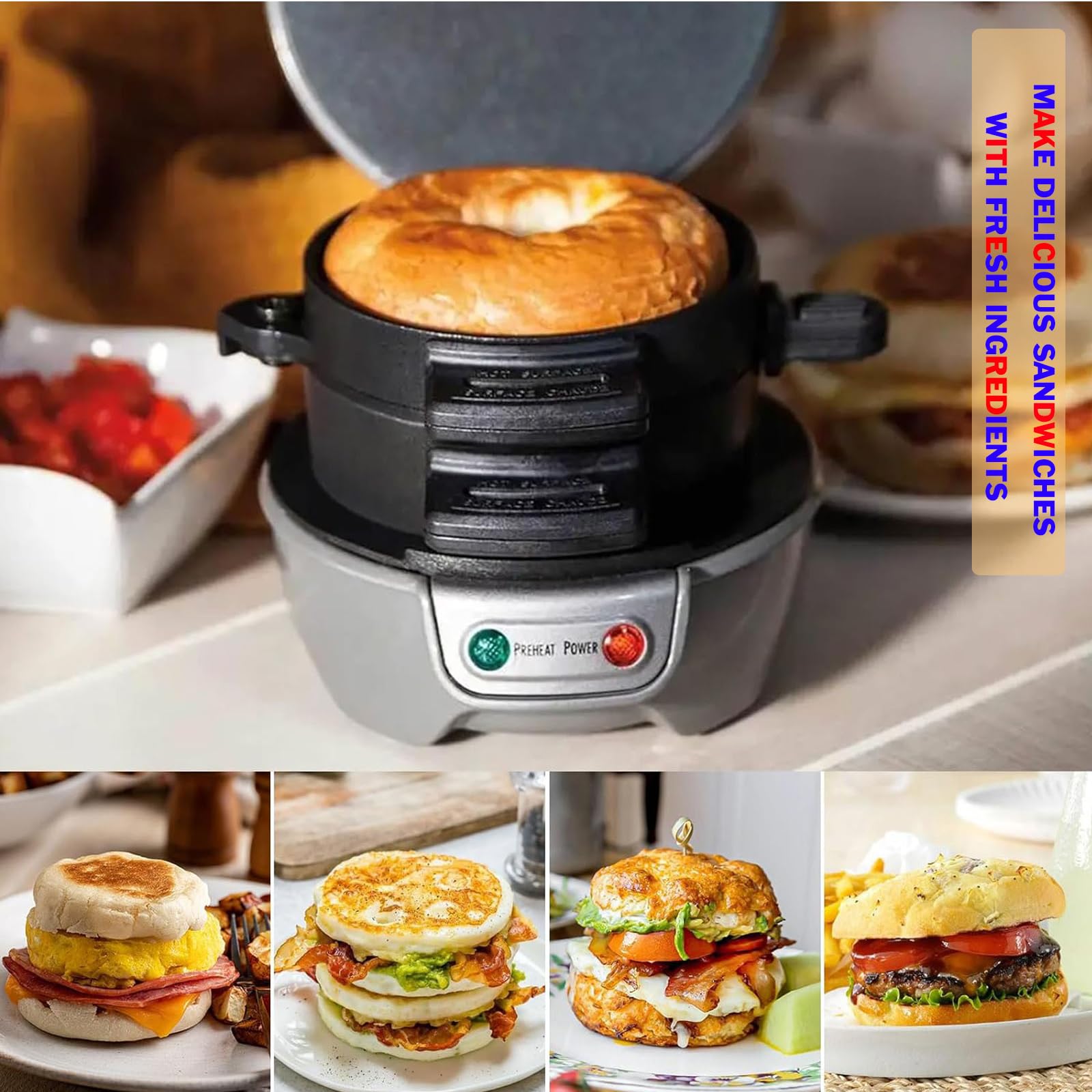 Sandwich broodrooster, burgermaker, efficiënte verwarmingsplaten, antiaanbaklaag, vaatwasmachinebestendig, 600 W, broodrooster, broodrooster, broodmachine voor ontbijt, huis, keuken, pannenkoekenpan
