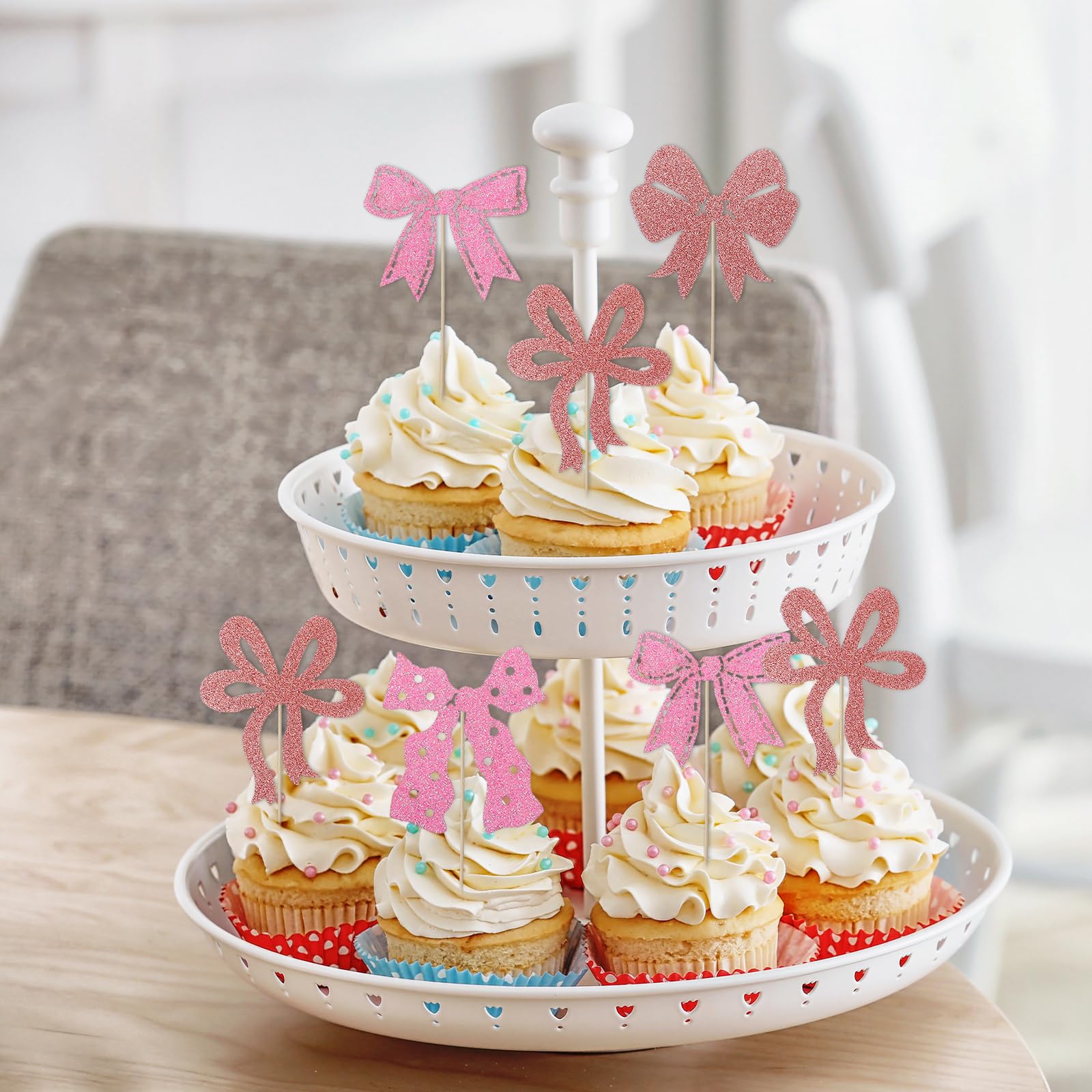 20x Cupcake Dekorationen Mit Rosa Schleife - Harz Kuchenaufsätze Für Partys