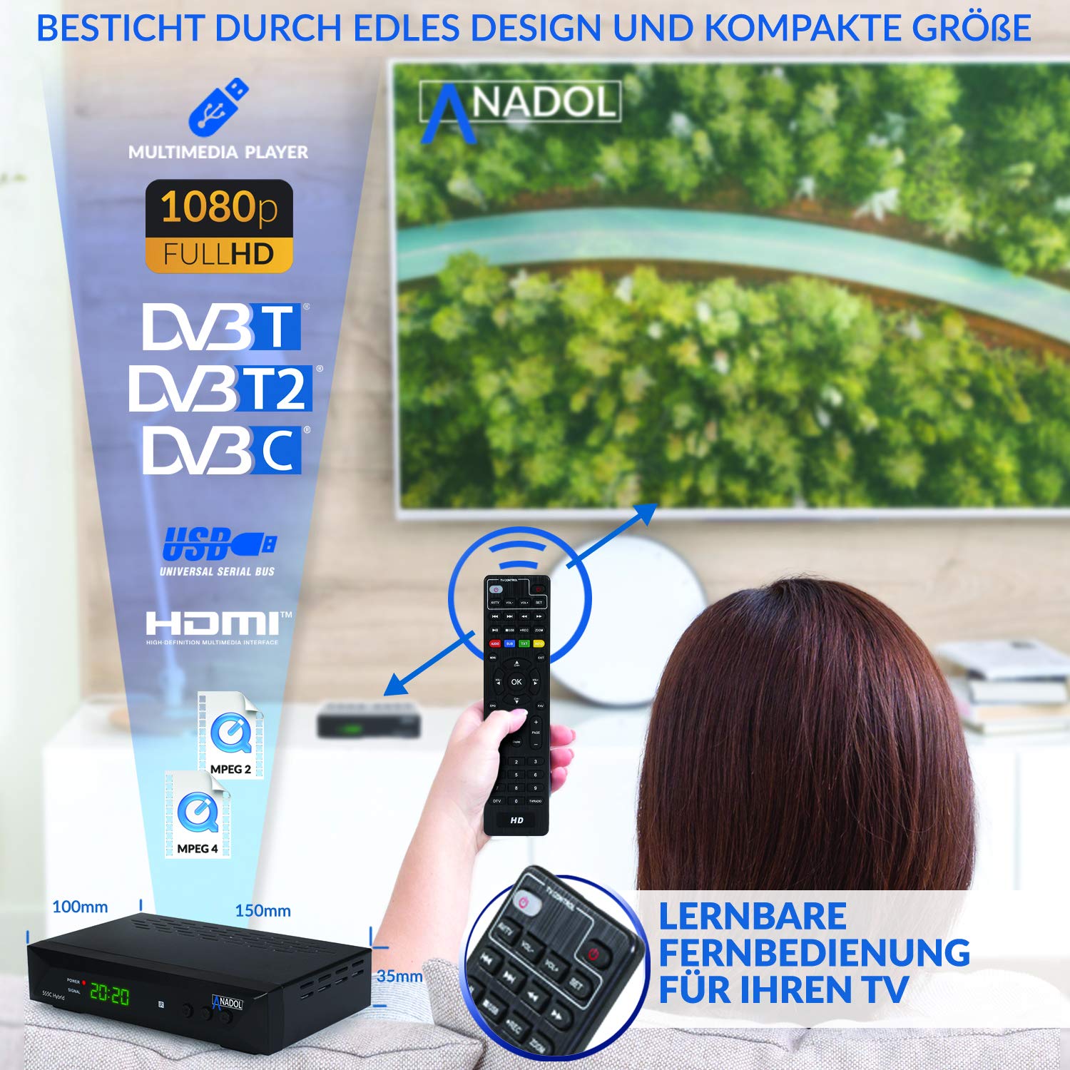 Anadol 555c - Hybrid DVB-T2 / DVB-C HDTV Kabel Receiver - PVR Aufnahmefunktion und Timeshift - Full HD Mediaplayer HDMI + USB - Digitaler Hybrid Receiver - lernbare Fernbedienung