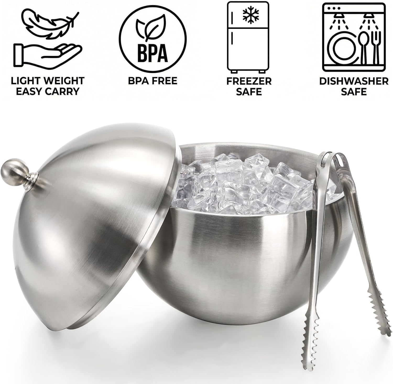 Yesland Ice Bucket with Lid, Double Insulation Ice Box Container Storage Box, 2 L Stainless Steel Ice Bucket Container with Ice Tong Scooper, Spherical Wine Champagne Barrel for Home Party Bar - Image 3