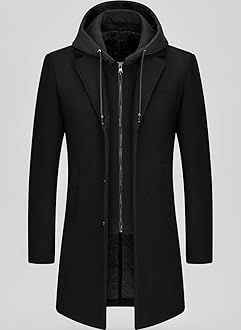 Mens Wool Trench Coat Solid Casual Padded Outdoor Overcoat Long hooded Warm Coat Jacket