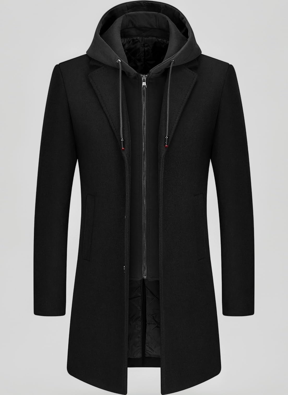 Mens Wool Trench Coat Solid Casual Padded Outdoor Overcoat Long hooded Warm Coat Jacket