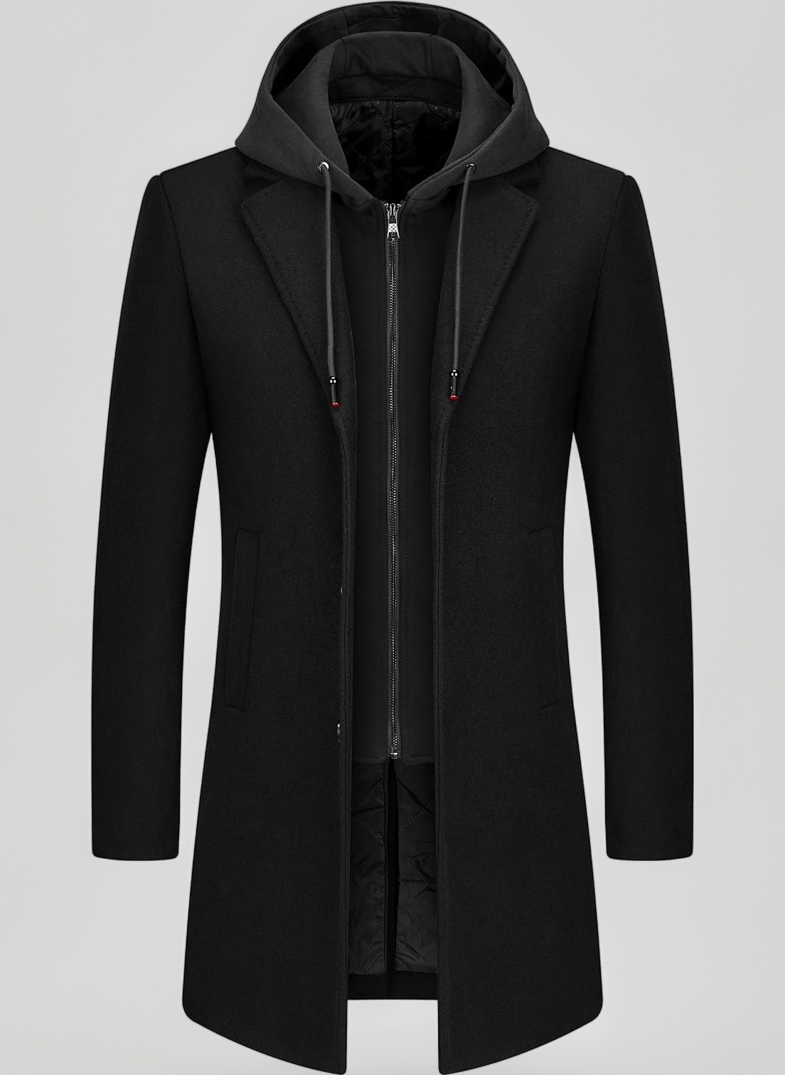 Mens Wool Trench Coat Solid Casual Padded Outdoor Overcoat Long hooded Warm Coat Jacket