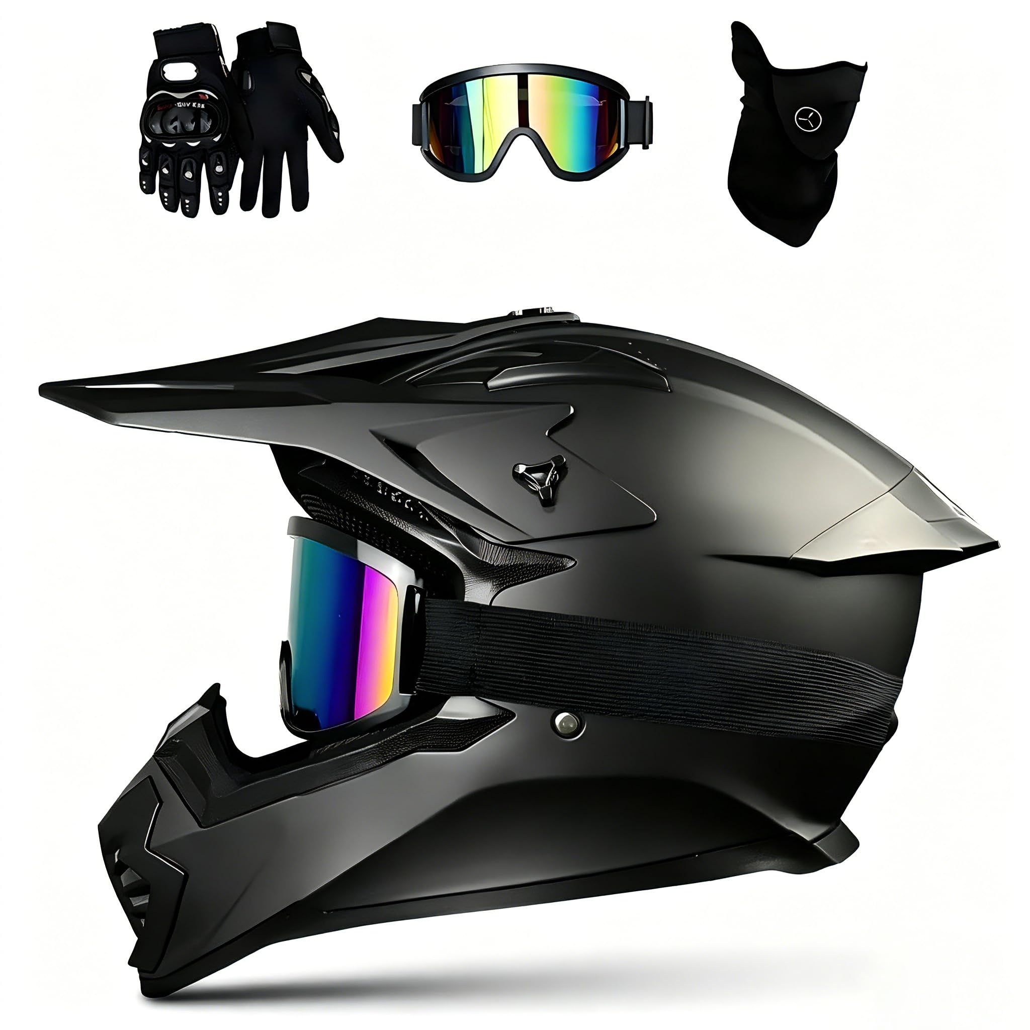 Motocross MTB Helm Fullface, Erwachsener Cross Helm mit Brille Maske Handschuhe, Motorrad Downhill Full Face Helm ATV Motorradhelm Inklusive 3 Größen Helmfutter
