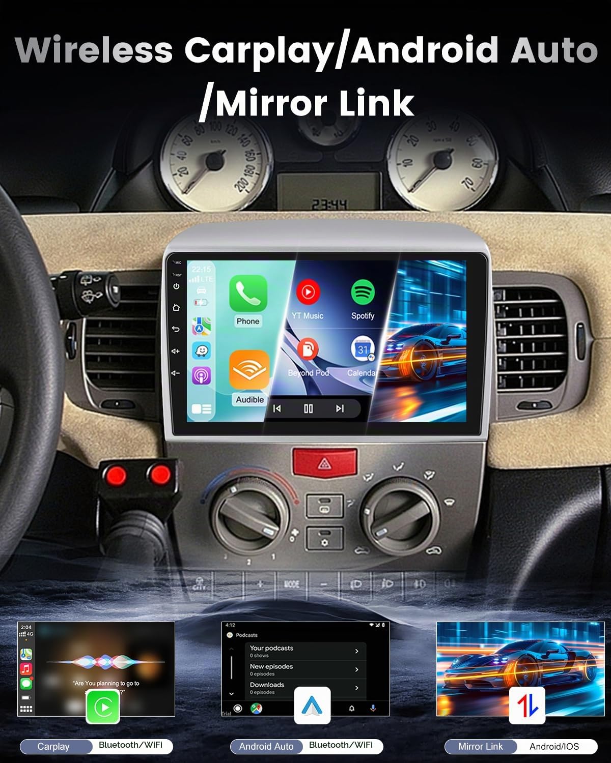 NHOPEEW Autoradio 2+64G per Lancia Ypsilon 2006-2011 con supporto per CarPlay wireless e Android Auto Mirror Link navigazione GPS comandi al volante 40 temi dell'interfaccia utente e video online
