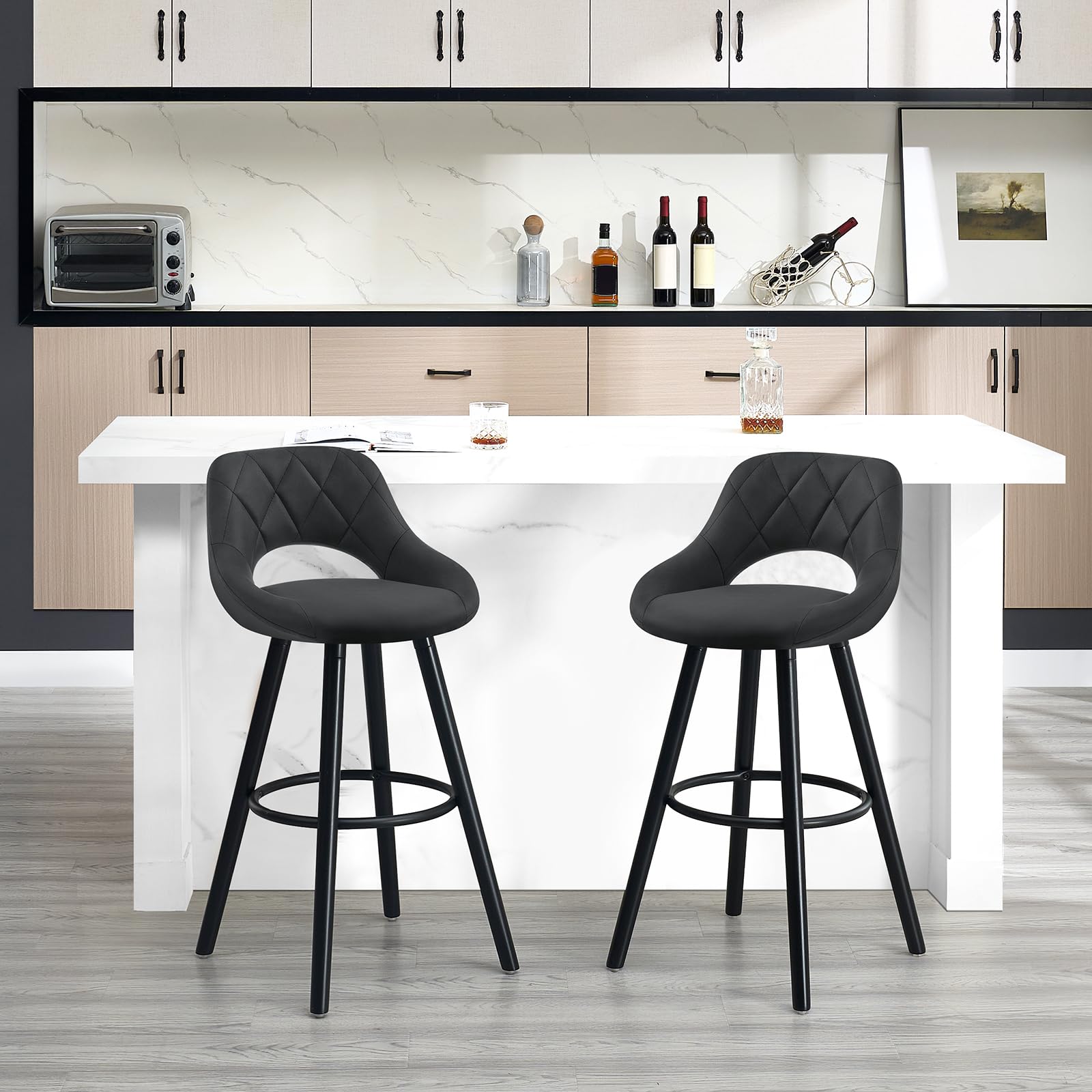 WOLTU Taburete Cocina Alto con Respaldo Ahuecado y Reposapiés, para Bistro, Cafeteria y Cocina, con Funda de Tela Sintética y Patas de Madera, Antracita