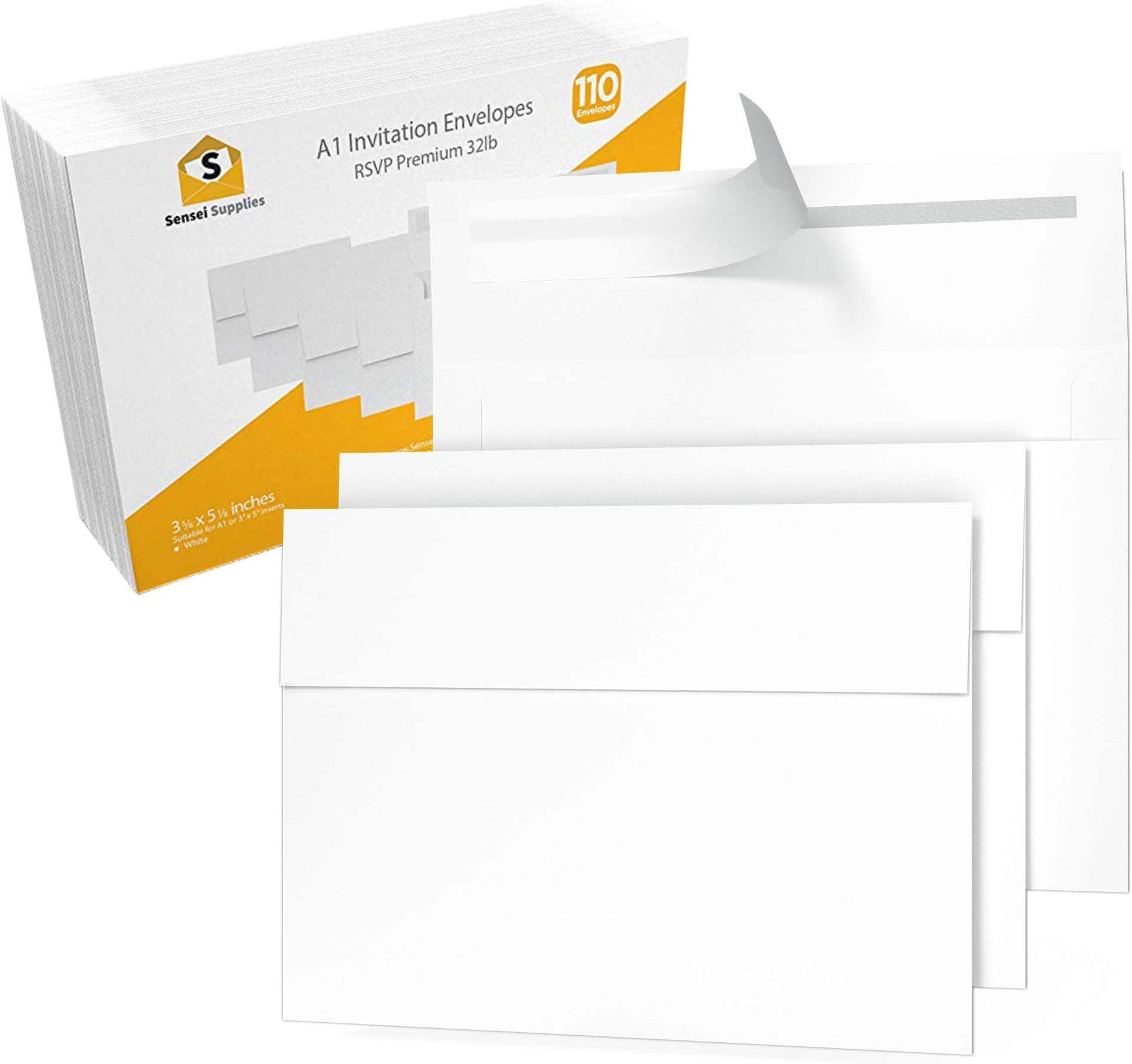 110 3.5x5 White RSVP Small Envelopes - A1 - For Weddings Response Cards, Baby Showers, Thank You Notes, Photos and any 3” x 5” inserts (3 5/8 x 5 1/8 inches) - W/Peel, Press & Self Seal - Square Flap