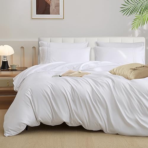 JELLYMONI Funda de edredón blanca mejorada tamaño matrimonial, juego de funda de edredón de microfibra suave, 3 piezas, 1 funda de edredón de 80 x