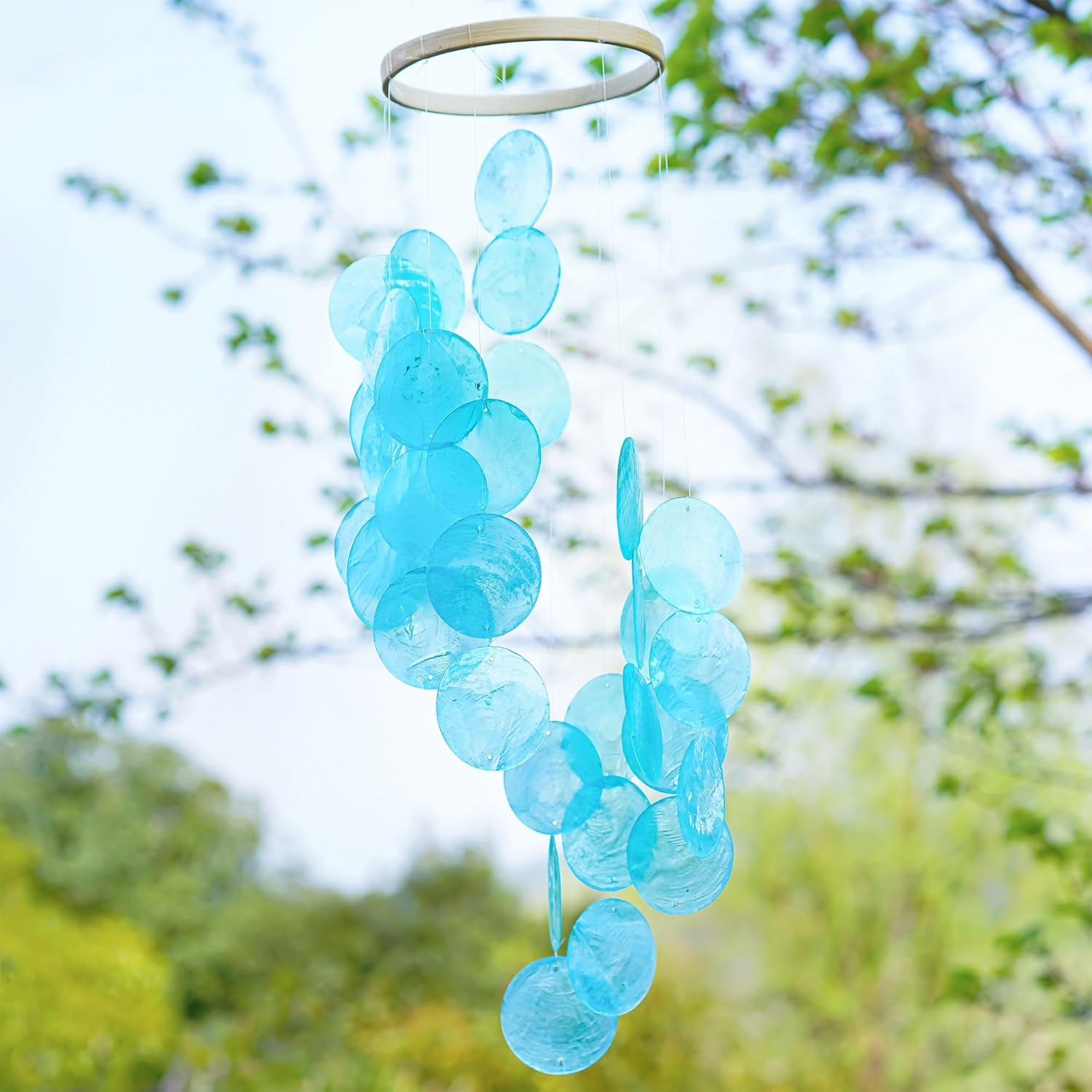 YUFENG Wind Chimes Outdoor Decor, 17'' Ocean Blue Capiz Shell Metal Windchime for Outside Garden Yard Home, Soothing Sound Decorative Wind Bell Memorial Ornament for Christmas Tree Gift - Image 8