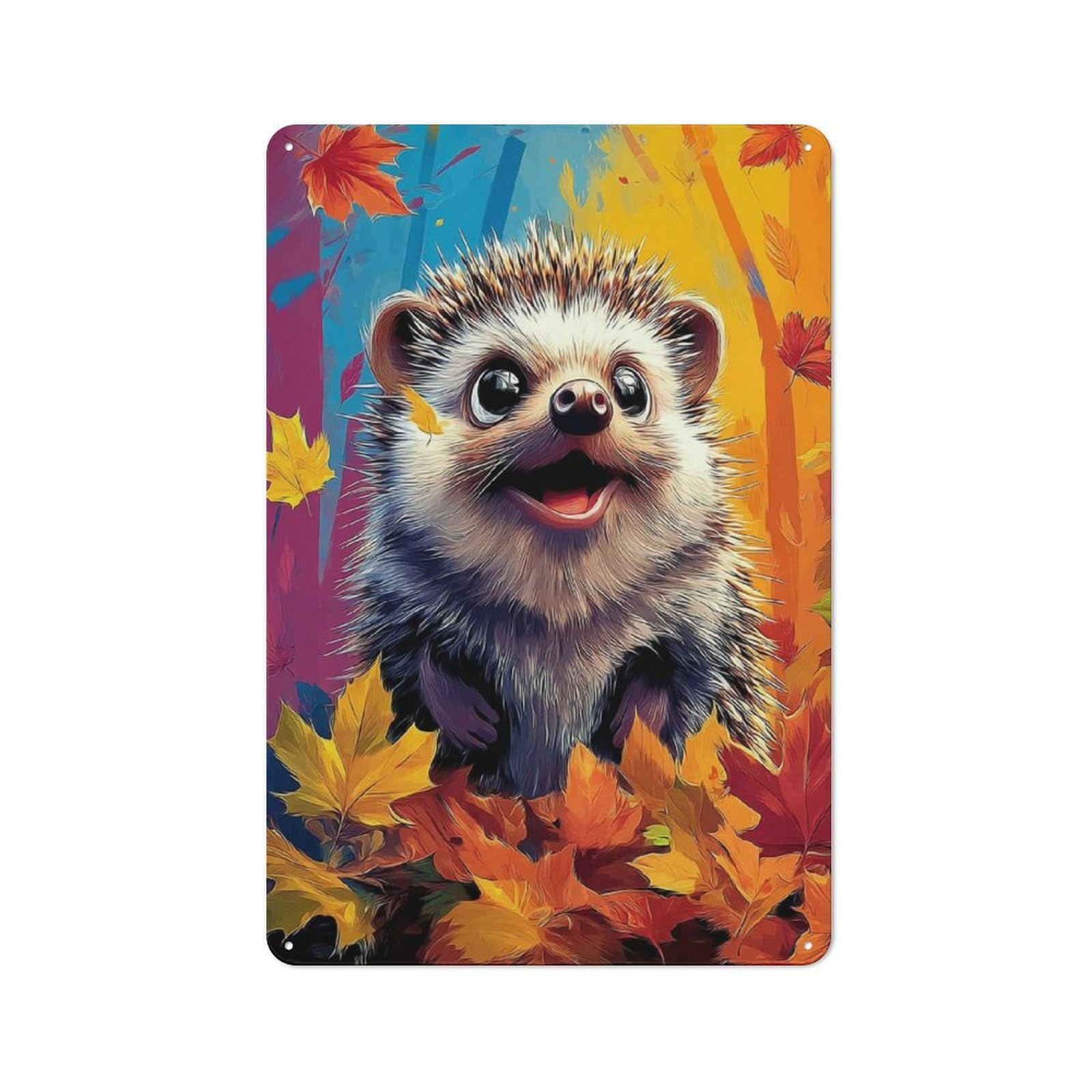 Junmoney Autumn Hedgehog Delight -1 Decorative Tin Plaque With Design 30X20cm, Classic Novelty Wall Art For Flat, Dorm Room, Lounge Or Cafe
