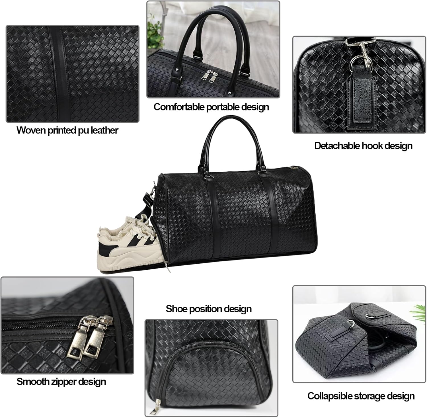 27L Small Travel Duffle Bag Weekender Bags for Women and Men with Shoe Compartment Foldable Waterproof Toiletry Bag Hospital Bags for Labor and Delivery Gym Bag (Black with shoes) - Image 6