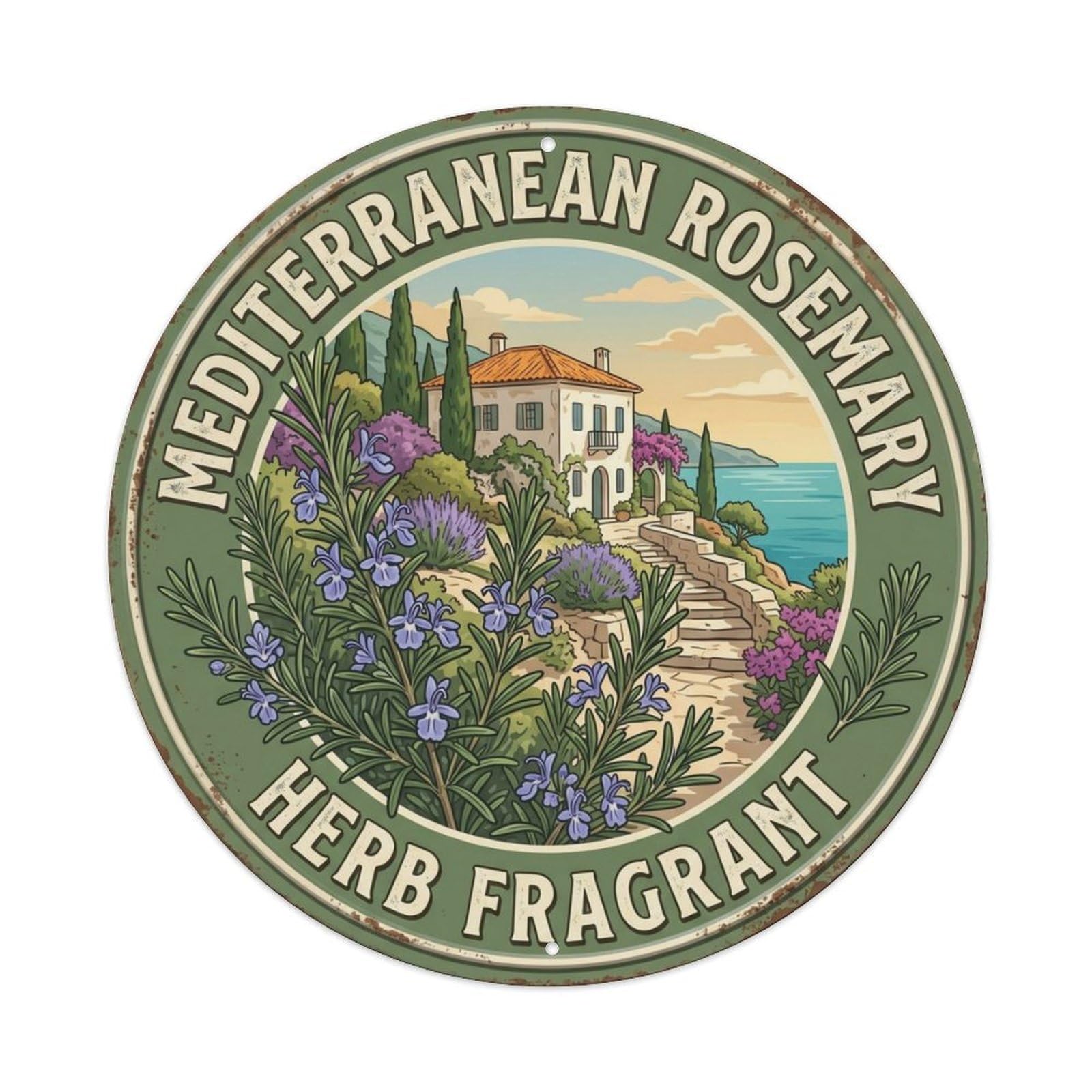 Rosemary Herb Fragrant Mediterranean Garden Metal Tin Sign Plaque Wall Decor for Cafe, Club Bar, Office, Home Garden Round Metal Poster 8x8Inch