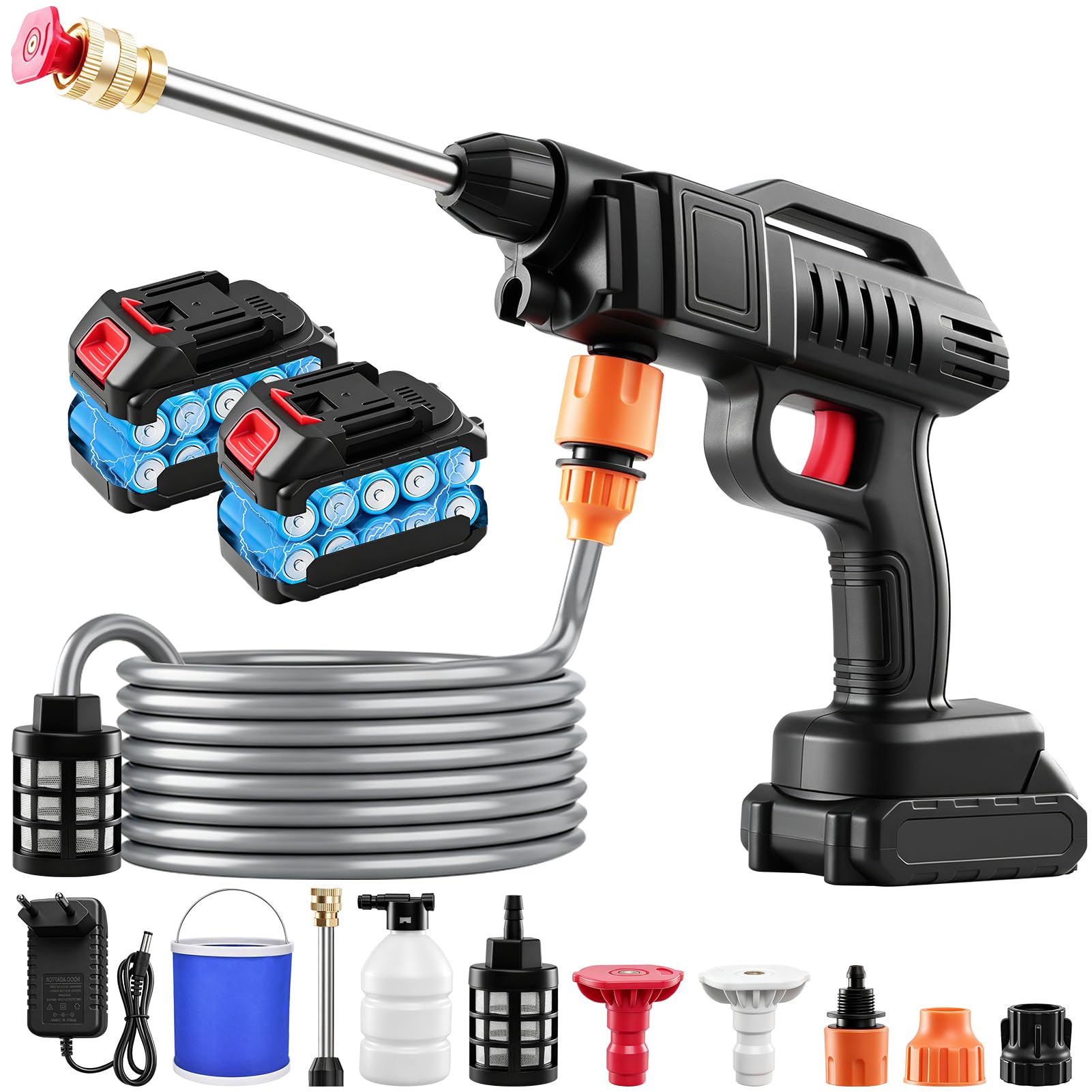 Akku Hochdruckreiniger, 1500W Pressure Washer mit Eimer, Mobiler Hochdruckreiniger mit 3-in-1 Düse, 5M hochdruckpistole für gartenschlauch, 200bar 21V Akku Druckreiniger für Auto,Terrasse,Fenster