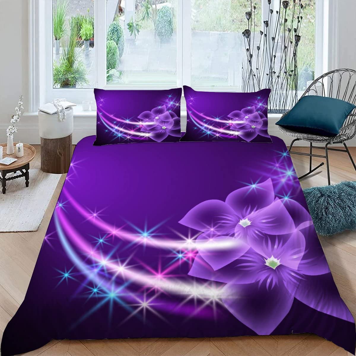 Housse de couette 220x240 imprimé 3D avec fermeture éclair et literie microfibre mauve