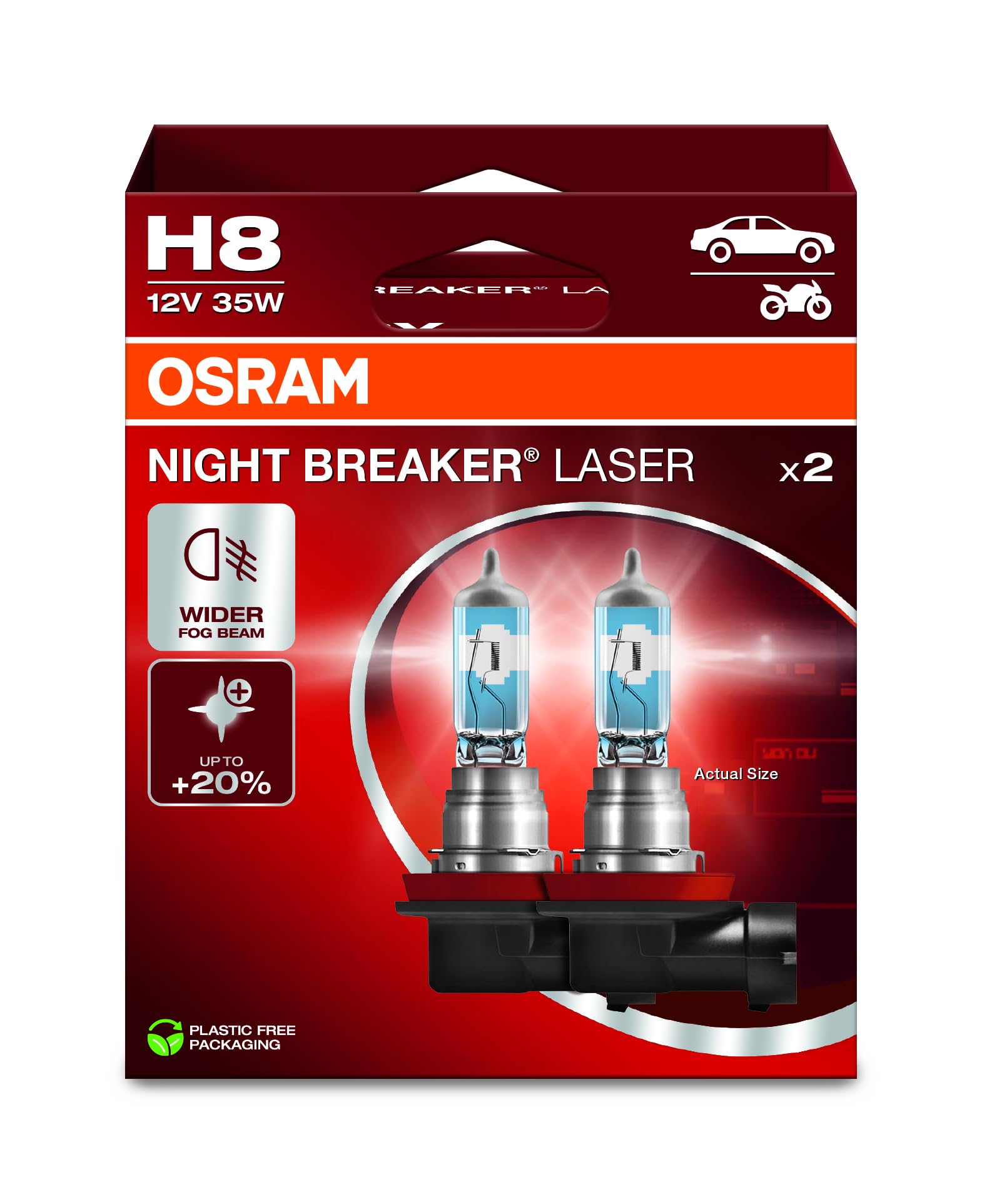 OSRAM NIGHT BREAKER LASER H8, 150% more brightness, halogen headlight lamp, 64212NL-2HB, 12V, Hanging folding box (2 lamps), white