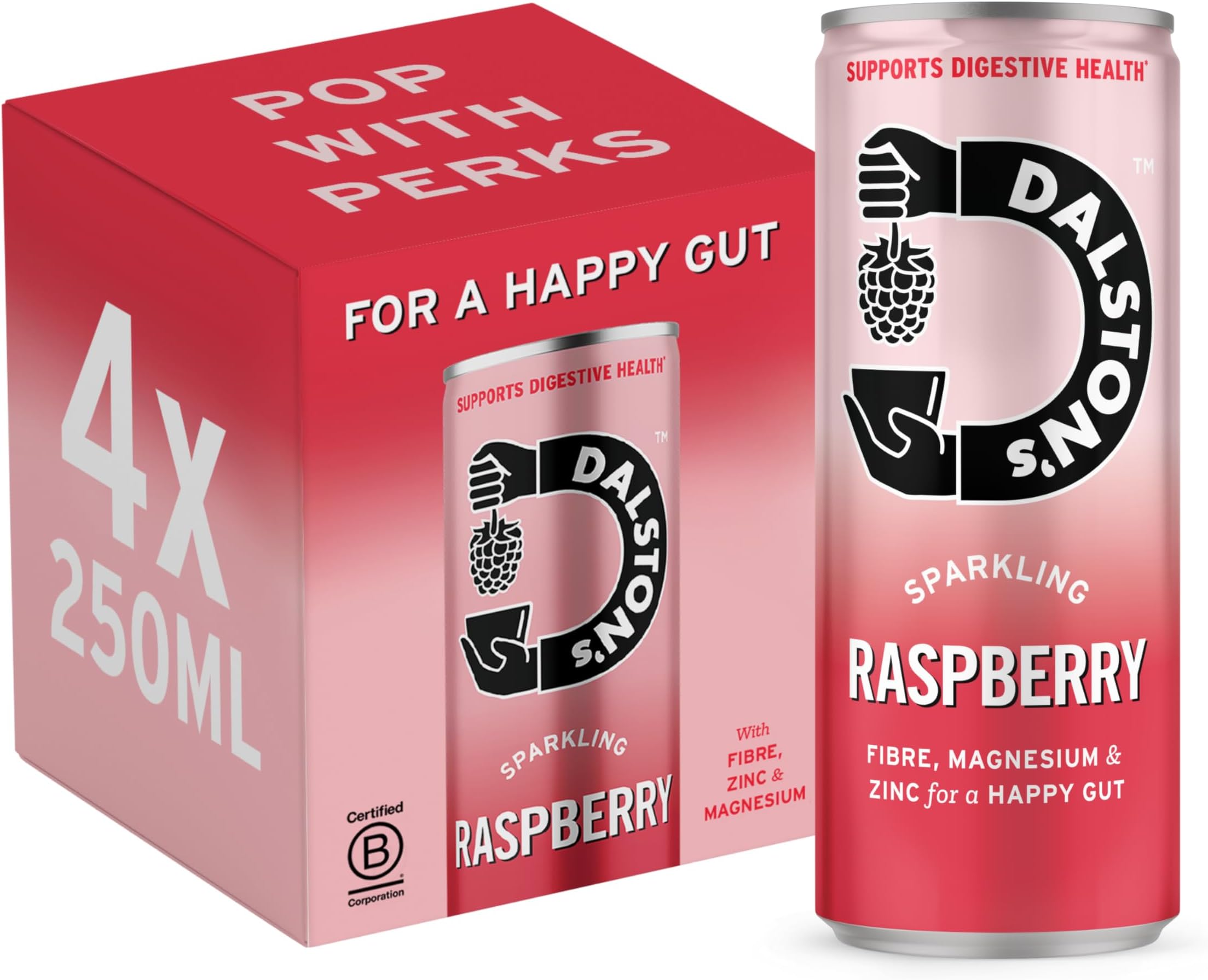 Dalston's Raspberry Soda For Your Gut (4 x 250ml) - Prebiotic Blend of Plant Fibre, Zinc and Magnesium. Real Raspberries - 25Kcal - No Added Sugar - No Artificial Sweeteners - Healthy Alternative