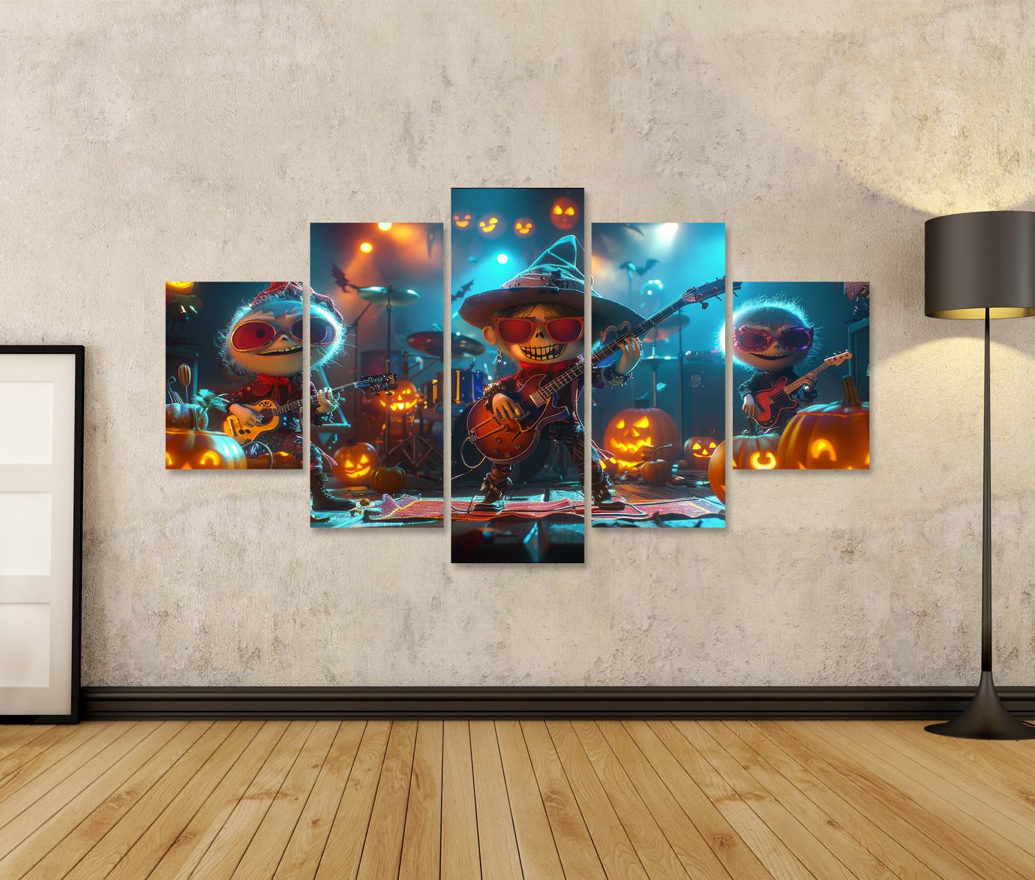 islandburner Bild auf Leinwand Kürbiskopf Band spielt Halloween Konzert auf festlich geschmückter Bühne Bilder Wandbilder Poster