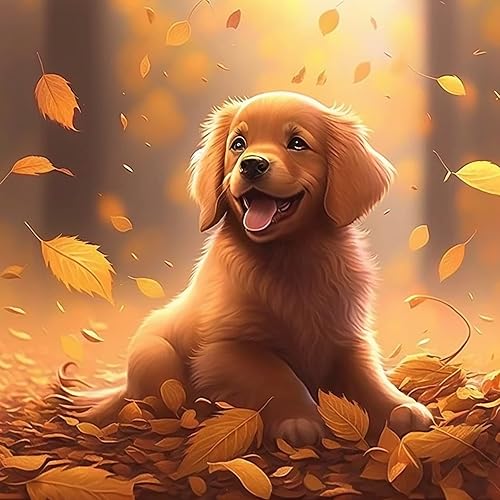 Cuneai - Kit de pintura de diamante 5D para perro, pintura redonda por números, hojas de arce, bordado de cristal para decoración de pared del