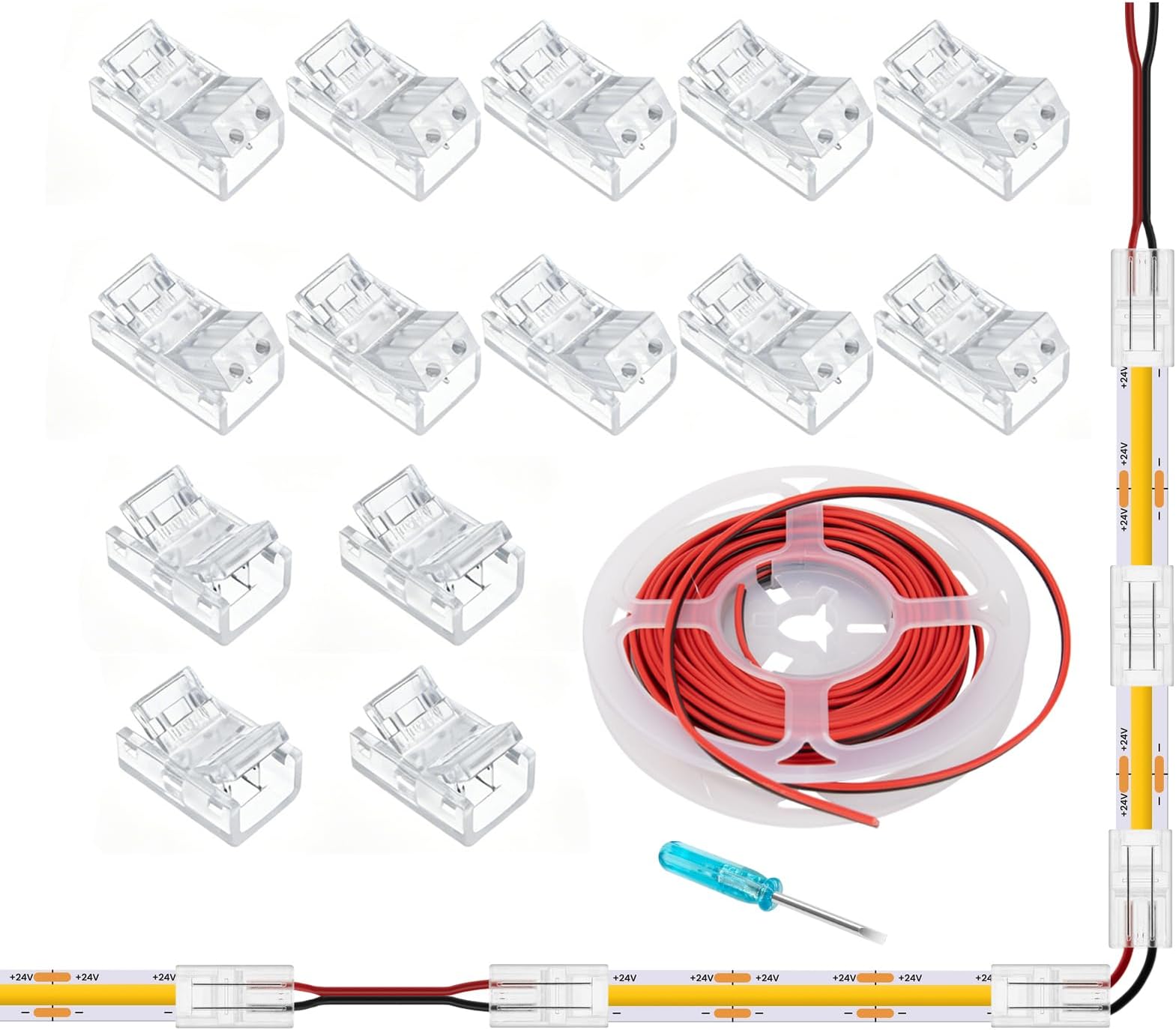 COB LED Strip Light Connectors Kit, 2 Pin 8mm Solderless Transparent Strip to Wire Quick Connection 10 Pack & 4 PCS Gapless Connectors with 20 ft Extension Cable for DIY Lighting